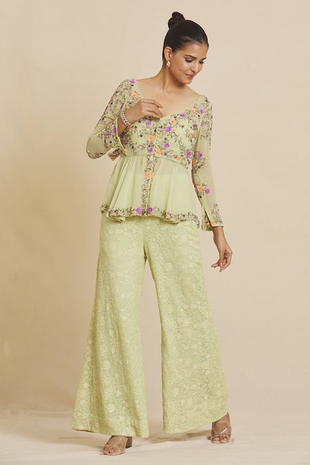 Shop_Priti Sahni_Green Georgette Beads, Sequins, Embroidery Zardozi Peplum Top And Palazzo Set _Online_at_Aza_Fashions