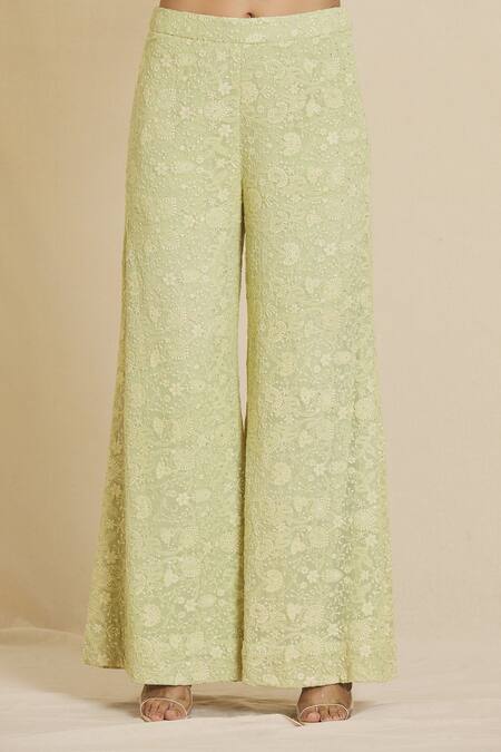 Priti Sahni_Green Georgette Beads, Sequins, Embroidery Zardozi Peplum Top And Palazzo Set _at_Aza_Fashions