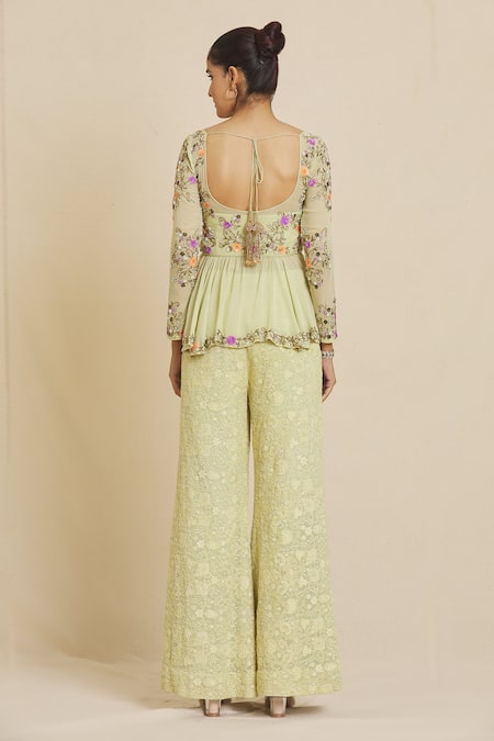 Priti Sahni_Green Georgette Beads, Sequins, Embroidery Zardozi Peplum Top And Palazzo Set _Online_at_Aza_Fashions