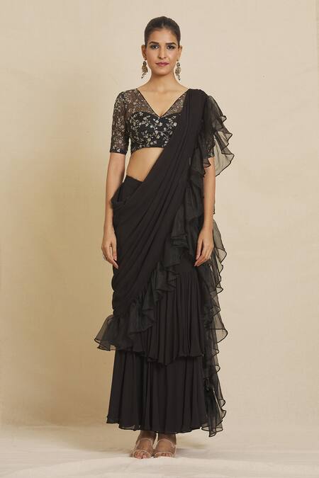 Buy Priti Sahni Black Georgette, Organza Sequins, Pre-stitched Saree With Embroidered Blouse Online at Aza Fashions Buy_Priti Sahni_Black Georgette, Organza Sequins, Pre-stitched Saree With Embroidered Blouse _Online_at_Aza_Fashions