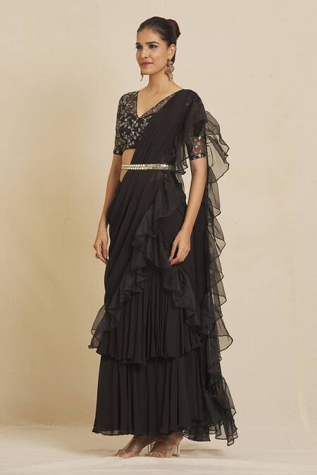 Shop Priti Sahni Black Georgette, Organza Sequins, Pre-stitched Saree With Embroidered Blouse Online at Aza Fashions Shop_Priti Sahni_Black Georgette, Organza Sequins, Pre-stitched Saree With Embroidered Blouse _Online_at_Aza_Fashions