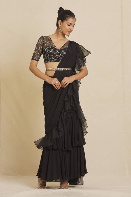 Priti Sahni Black Georgette, Organza Sequins, Pre-stitched Saree With Embroidered Blouse at Aza Fashions Priti Sahni_Black Georgette, Organza Sequins, Pre-stitched Saree With Embroidered Blouse _at_Aza_Fashions