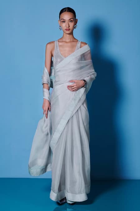 Ekaya Grey Organza Solid Handwoven Saree With Unstitched Blouse Fabric  