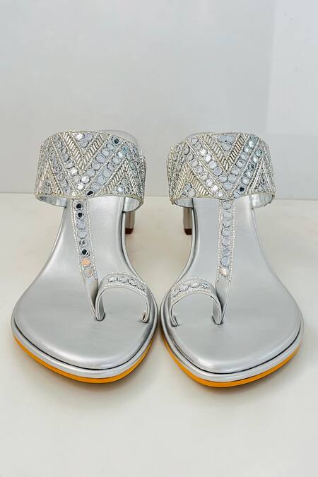 Shop Preet Kaur Silver Embroidery Sheesha Hand Kolhapuri Block Heels at Aza Fashions Shop_Preet Kaur_Silver Embroidery Sheesha Hand Kolhapuri Block Heels _at_Aza_Fashions