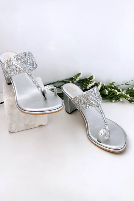 Shop Preet Kaur Silver Embroidery Sheesha Hand Kolhapuri Block Heels Online at Aza Fashions Shop_Preet Kaur_Silver Embroidery Sheesha Hand Kolhapuri Block Heels _Online_at_Aza_Fashions
