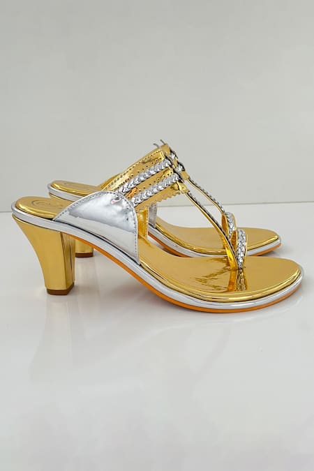 Buy Gold Hand Embroidered Two Tone Braided Strap Kolhapuri Heels by PREET  KAUR Online at Aza Fashions.