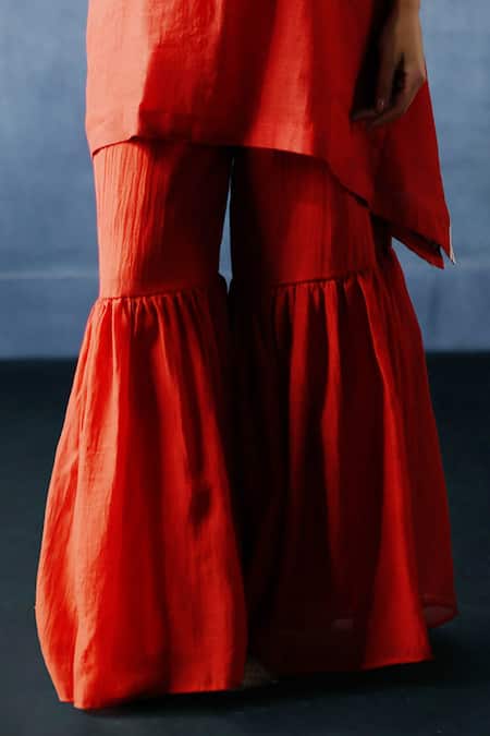 Buy_Avacara_Red Kota Doria, Chanderi Mirrors, Neel Patchwork Kaftan And Sharara Set _Online_at_Aza_Fashions