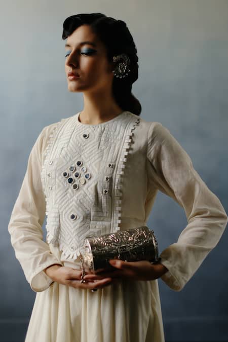 Shop_Avacara_White Handloom Muslin Cotton Embroidery Neel Mirror Anarkali  _Online_at_Aza_Fashions