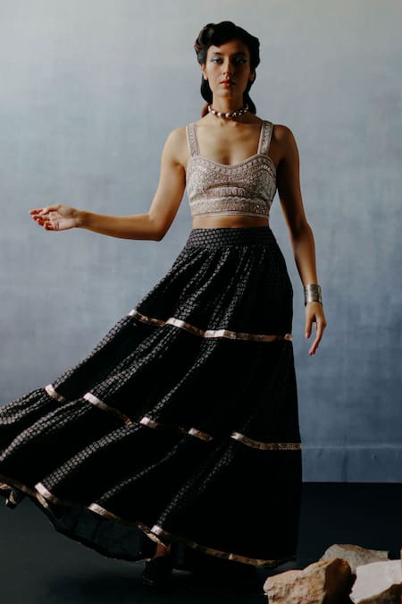 Avacara Black Kora Chanderi Neel Bustier And Floral Print Skirt Set 