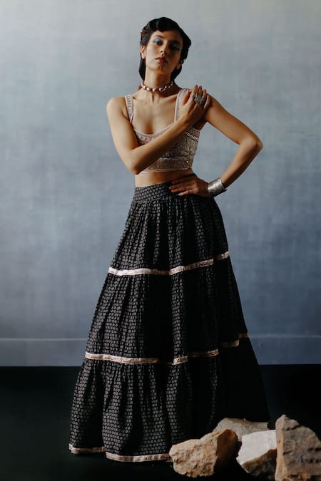 Avacara_Black Kora Chanderi Neel Bustier And Floral Print Skirt Set _Online_at_Aza_Fashions