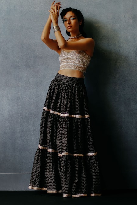 Buy_Avacara_Black Kora Chanderi Neel Bustier And Floral Print Skirt Set _Online_at_Aza_Fashions
