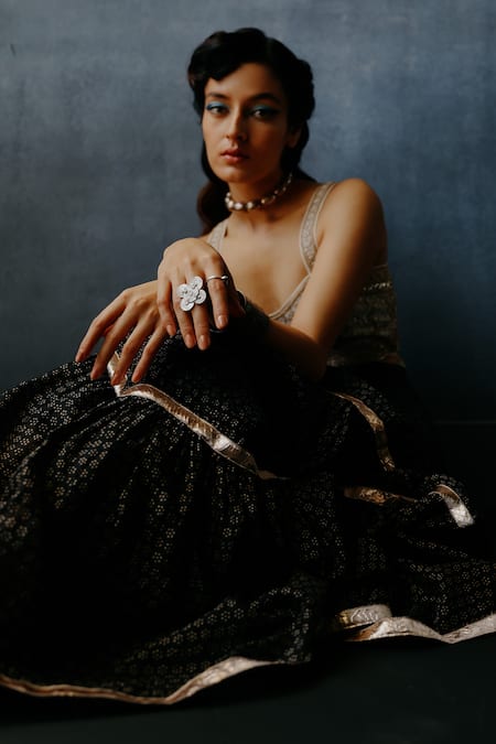 Shop_Avacara_Black Kora Chanderi Neel Bustier And Floral Print Skirt Set _Online_at_Aza_Fashions