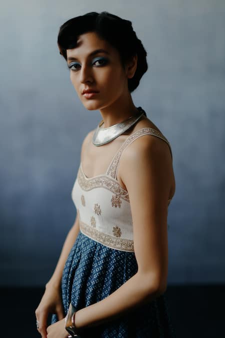 Avacara Neel Chanderi Hand Block Print Anarkali Set 