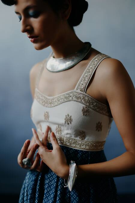 Avacara_White Chanderi Hand Block Printed Floral Neel Anarkali Set  _Online_at_Aza_Fashions