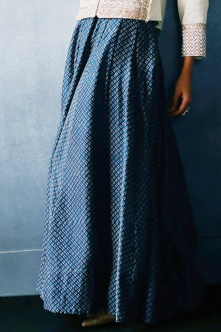 Avacara White Handloom Cotton, Silk Embroidery Round Neel Jacket And Printed Skirt Set Online at Aza Fashions Avacara_White Handloom Cotton, Silk Embroidery Round Neel Jacket And Printed Skirt Set _Online_at_Aza_Fashions