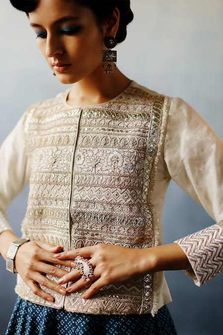 Avacara White Handloom Cotton, Silk Embroidery Round Neel Jacket And Printed Skirt Set at Aza Fashions Avacara_White Handloom Cotton, Silk Embroidery Round Neel Jacket And Printed Skirt Set _at_Aza_Fashions