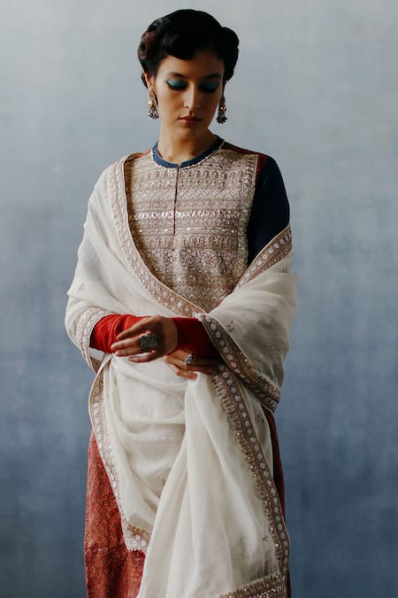 Avacara_Red Silk Cotton Printed Floral Patterns Neel Fadat Kurta Sharara Set  _Online_at_Aza_Fashions