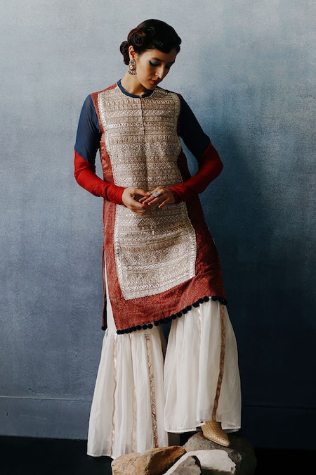 Shop_Avacara_Red Silk Cotton Printed Floral Patterns Neel Fadat Kurta Sharara Set  _Online_at_Aza_Fashions