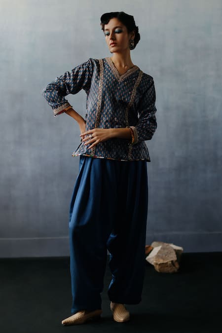 Avacara_Blue Silk Cotton Printed Floral Neel Fadat Kurti And Dhoti Pant Set  _Online_at_Aza_Fashions