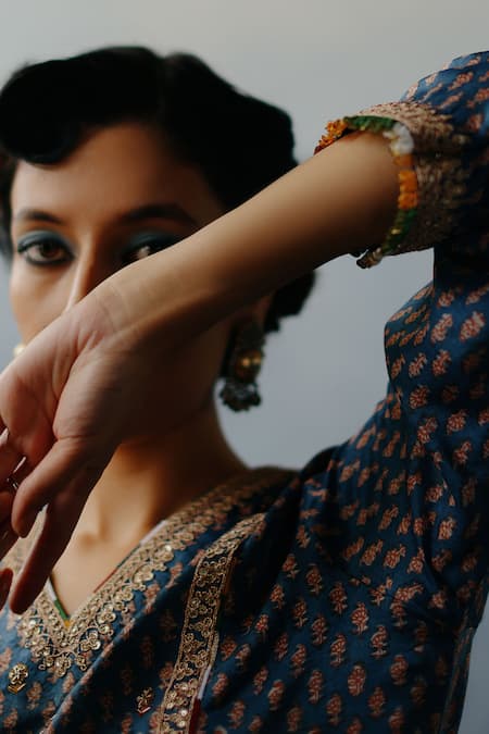 Buy_Avacara_Blue Silk Cotton Printed Floral Neel Fadat Kurti And Dhoti Pant Set  _Online_at_Aza_Fashions