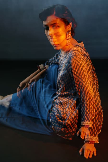 Shop_Avacara_Blue Silk Cotton Printed Floral Neel Fadat Kurti And Dhoti Pant Set  _Online_at_Aza_Fashions