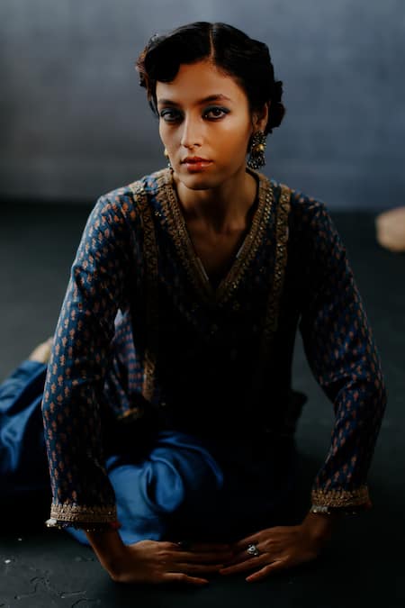 Avacara_Blue Silk Cotton Printed Floral Neel Fadat Kurti And Dhoti Pant Set  _at_Aza_Fashions