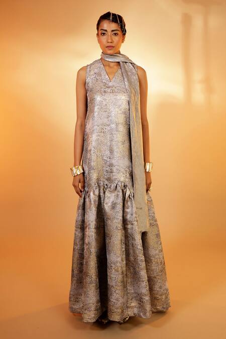 Buy Pooja Shroff Silver Jacquard Sequins V-neck Hemline Frill Dress at Aza Fashions Buy_Pooja Shroff_Silver Jacquard Sequins V-neck Hemline Frill Dress_at_Aza_Fashions