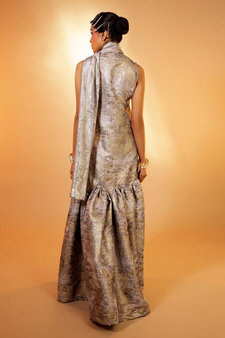 Shop Pooja Shroff Silver Jacquard Sequins V-neck Hemline Frill Dress at Aza Fashions Shop_Pooja Shroff_Silver Jacquard Sequins V-neck Hemline Frill Dress_at_Aza_Fashions