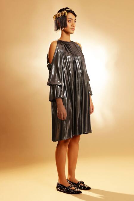 Buy Pooja Shroff Silver Faux Leather Round Neck Metallic Finish Dress at Aza Fashions Buy_Pooja Shroff_Silver Faux Leather Round Neck Metallic Finish Dress_at_Aza_Fashions