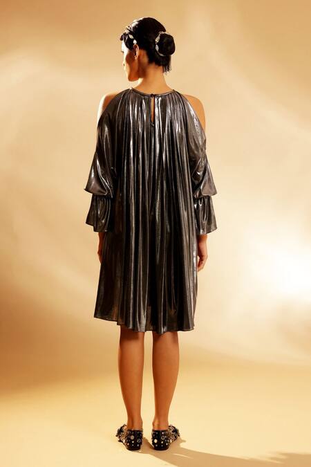 Shop Pooja Shroff Silver Faux Leather Round Neck Metallic Finish Dress at Aza Fashions Shop_Pooja Shroff_Silver Faux Leather Round Neck Metallic Finish Dress_at_Aza_Fashions