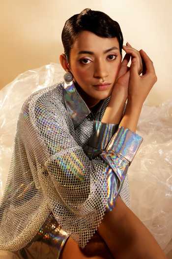 Buy Silver Kota Doria Rhinestones Shawl Neck Metallic Shirt Dress With Mesh  Top For Women by POOJA SHROFF Online at Aza Fashions.