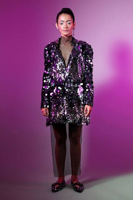 Buy Pooja Shroff Silver Net Sequins Collared Embroidered Blazer Dress at Aza Fashions Buy_Pooja Shroff_Silver Net Sequins Collared Embroidered Blazer Dress_at_Aza_Fashions