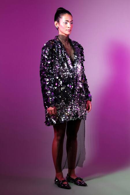 Pooja Shroff Silver Net Sequins Collared Embroidered Blazer Dress Online at Aza Fashions Pooja Shroff_Silver Net Sequins Collared Embroidered Blazer Dress_Online_at_Aza_Fashions