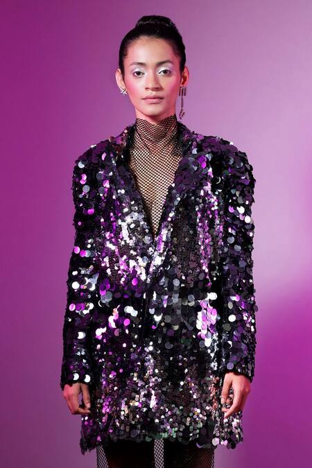 Buy Pooja Shroff Silver Net Sequins Collared Embroidered Blazer Dress Online at Aza Fashions Buy_Pooja Shroff_Silver Net Sequins Collared Embroidered Blazer Dress_Online_at_Aza_Fashions