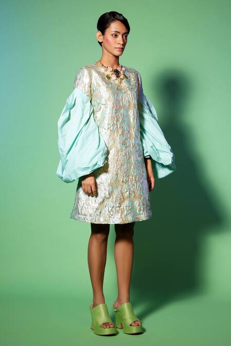 Pooja Shroff_Green Jacquard Embroidery Round Neck Flounce Sleeve Dress_Online_at_Aza_Fashions