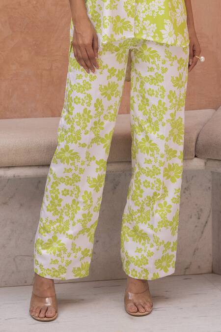 B'Infinite_Green Cotton, Silk Embroidery Collared Floral Print Shirt With Trouser_Online_at_Aza_Fashions