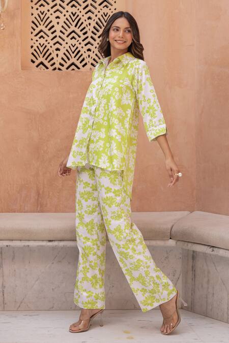 Shop_B'Infinite_Green Cotton, Silk Embroidery Collared Floral Print Shirt With Trouser_Online_at_Aza_Fashions
