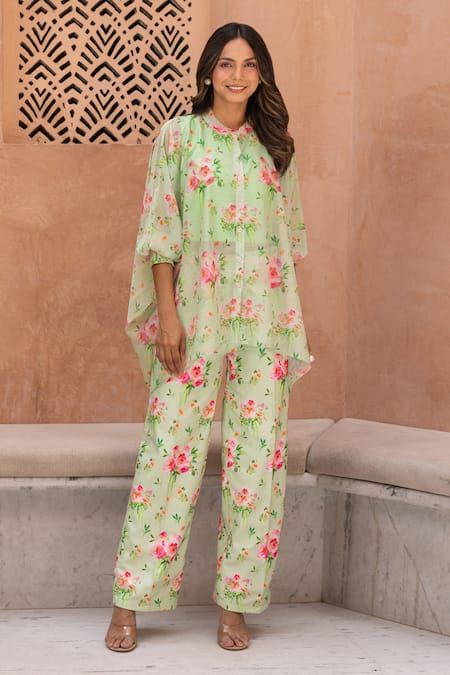 B'Infinite Green Pearl Chiffon Print Floral Camellia Bloom Shirt And Trouser Set For Kids