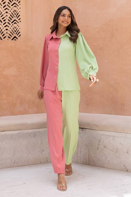 B'Infinite_Pink Crushed Crepe Plain Collared Neck Color Block Shirt With Trouser_Online_at_Aza_Fashions