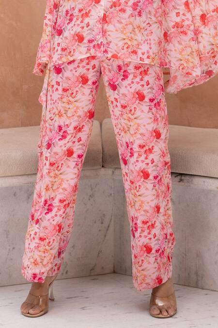 B'Infinite_Pink Georgette Collared Primrose Print Shirt With Trouser_Online_at_Aza_Fashions