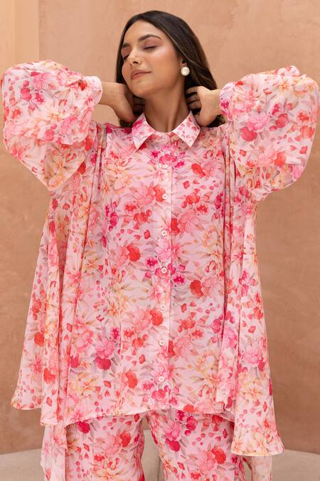 B'Infinite_Pink Georgette Collared Primrose Print Shirt With Trouser_at_Aza_Fashions