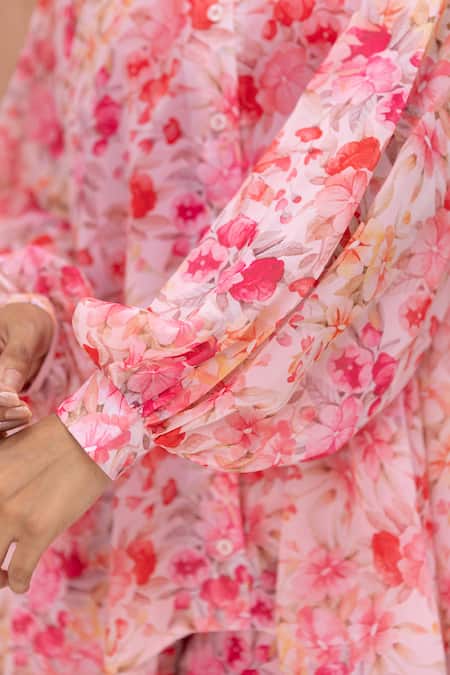 Shop_B'Infinite_Pink Georgette Collared Primrose Print Shirt With Trouser