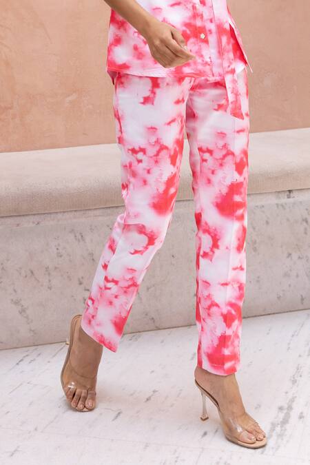 B'Infinite_Pink Cotton, Silk Collared Viva Tie Dye Shirt And Trouser Set_Online_at_Aza_Fashions