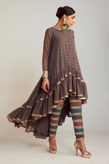 Vvani By Vani Vats Multi Color Georgette, Silk Sequins, Gota Patti, Embroidery Round Kurta Pant Set Online at Aza Fashions Vvani By Vani Vats_Multi Color Georgette, Silk Sequins, Gota Patti, Embroidery Round Kurta Pant Set _Online_at_Aza_Fashions