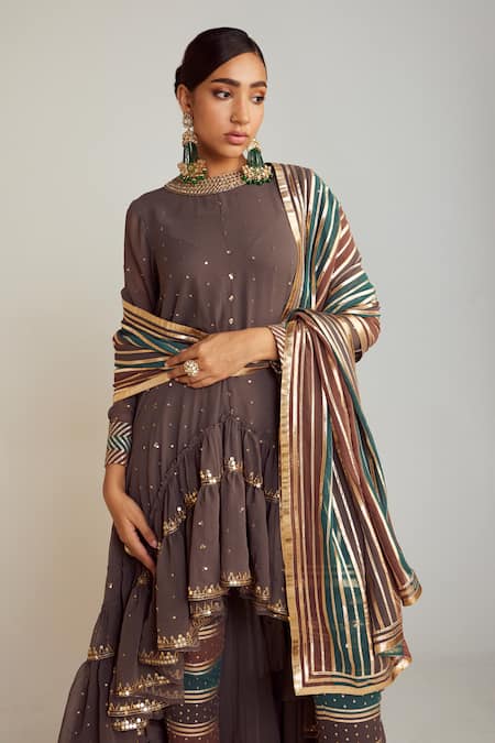 Buy Vvani By Vani Vats Multi Color Georgette, Silk Sequins, Gota Patti, Embroidery Round Kurta Pant Set Online at Aza Fashions Buy_Vvani By Vani Vats_Multi Color Georgette, Silk Sequins, Gota Patti, Embroidery Round Kurta Pant Set _Online_at_Aza_Fashions