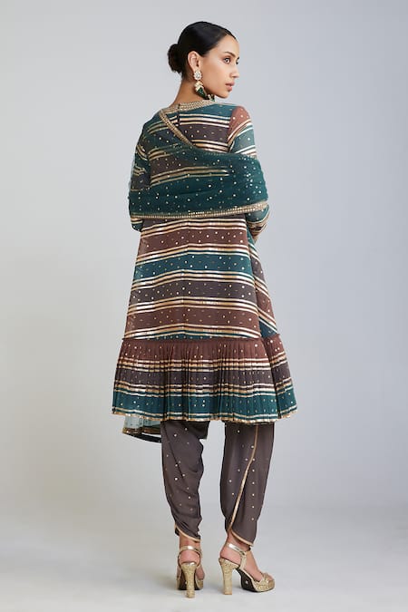 Vvani By Vani Vats Stripe Embroidered A-Line Anarkali & Dhoti Pant Set 