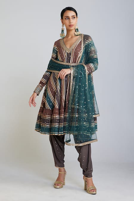 Buy Vvani By Vani Vats Multi Color Georgette, Silk Stripe Embroidered A-line Anarkali And Dhoti Pant Set Online at Aza Fashions Buy_Vvani By Vani Vats_Multi Color Georgette, Silk Stripe Embroidered A-line Anarkali And Dhoti Pant Set _Online_at_Aza_Fashions