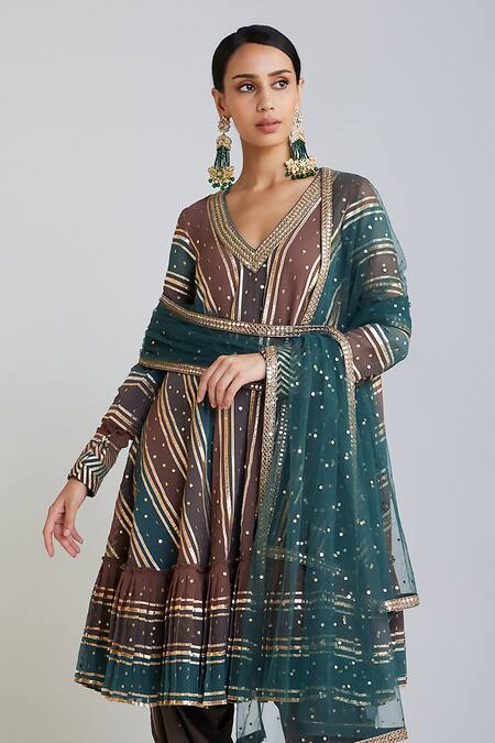 Vvani By Vani Vats Multi Color Georgette, Silk Stripe Embroidered A-line Anarkali And Dhoti Pant Set at Aza Fashions Vvani By Vani Vats_Multi Color Georgette, Silk Stripe Embroidered A-line Anarkali And Dhoti Pant Set _at_Aza_Fashions