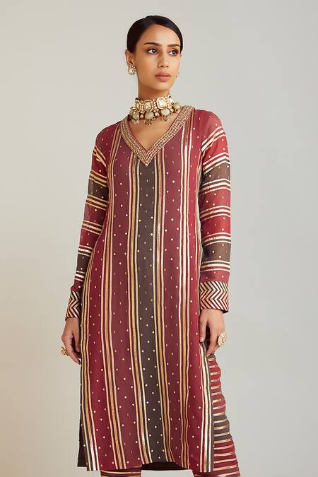 Buy Vvani By Vani Vats Multi Color Georgette, Silk Gota Patti V-neck Hand Embroidered Kurta With Pant Online at Aza Fashions Buy_Vvani By Vani Vats_Multi Color Georgette, Silk Gota Patti V-neck Hand Embroidered Kurta With Pant _Online_at_Aza_Fashions