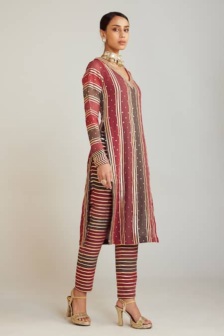 Shop Vvani By Vani Vats Multi Color Georgette, Silk Gota Patti V-neck Hand Embroidered Kurta With Pant Online at Aza Fashions Shop_Vvani By Vani Vats_Multi Color Georgette, Silk Gota Patti V-neck Hand Embroidered Kurta With Pant _Online_at_Aza_Fashions